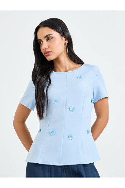 Take Two By Styli Blue Short Sleeve Blouse With Floral Embellishments