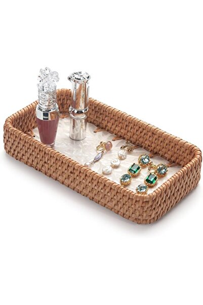 Generic Handwoven Rattan Vanity Tray, Natural Decorative Storage Organiser wi...