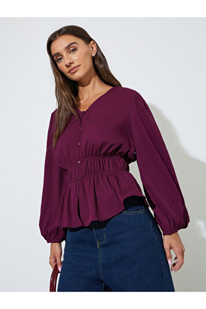 Styli Burgundy Solid Smoked Waist V-Neck Long Sleeves Blouse