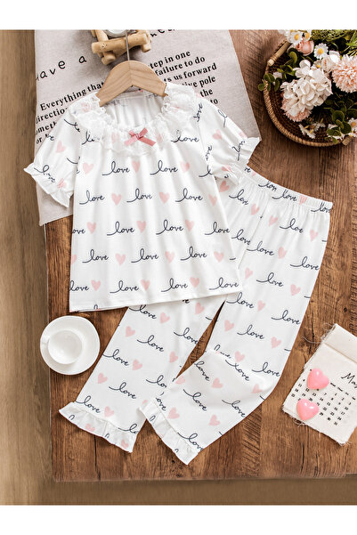 Take Two By Styli Girls White Love Print Short Sleeve Pyjama Set With Ruffles