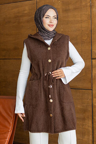 Neva Style Hooded, Tie-Waist, Pocketed, Brown Beard Angora Hijab Knitwear Ves...