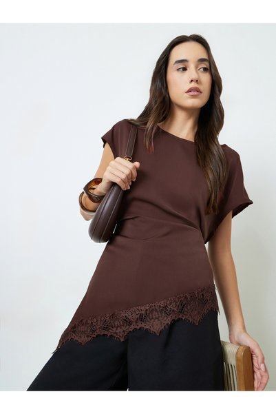 Take Two By Styli Brown Asymmetric Blouse With Lace Trim