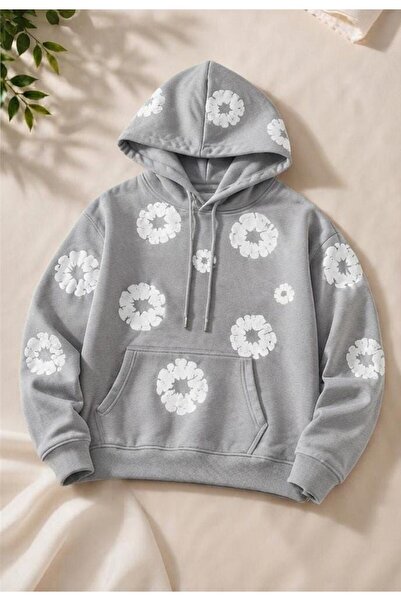 Ryam Mooda Unisex Oversize 3D Puff Fluffy Floral Φούτερ με στάμπα και κουκούλ...