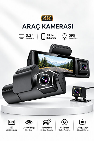Omaze 4K Araç Kamerası Ön Arka Kameralı 3.2 İnç Ekran GPS APP Destekli Gece G...
