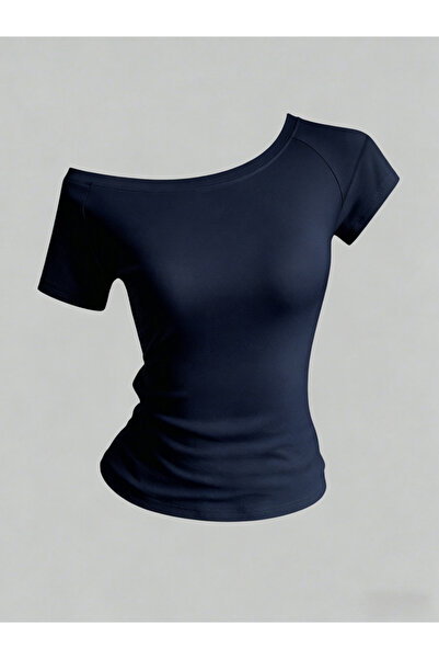 Take Two By Styli Navy Blue Sleeve Asymmetrical Neck Top