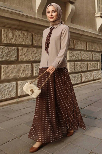 Neva Style Polka Dot Skirted Shirt Brown Hijab Double Set 1386Kh