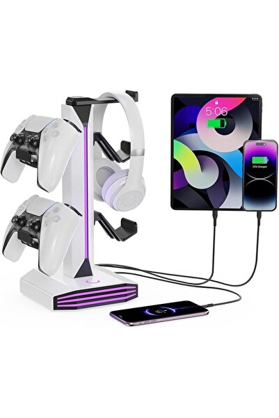 KASTWAVE حامل سماعات رأس RGB للمكتب، حامل سماعات الألعاب مع منافذ USB وType-C...