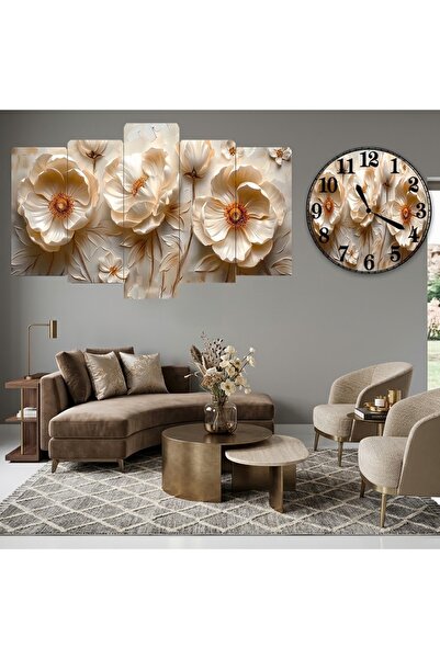 BellaaaModa Çiçek temalı Dekoratif Desenli Mdf Tablo 5 Parça Set ve Saatli Ta...