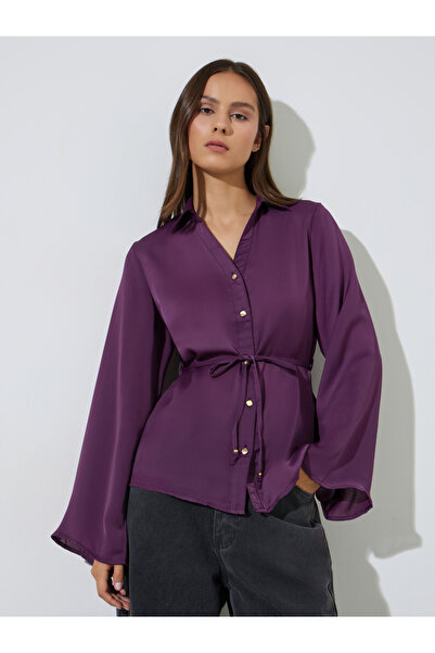 Styli Purple Solid Long Flared Sleeves Blouse With Waist Tie