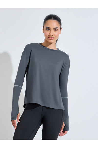 Styli Charcoal Solid Active Long Sleeve Top With Thumbholes
