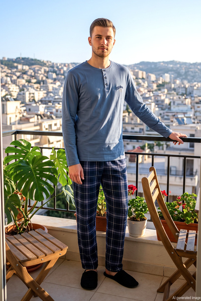 REMSA Men's Plaid Pattern Suprem Pajama Set 2318 Blue