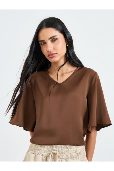 Take Two By Styli Coffee Brown V-Neck Short Sleeve Top