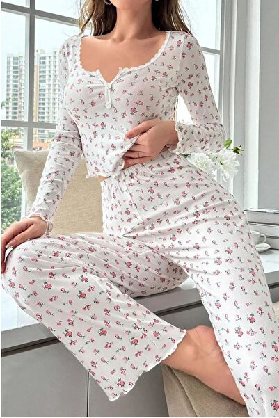 ESPERE Ekru Çiçek Desenli Pamuklu Pijama Takımı