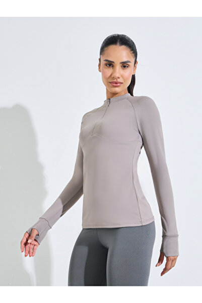 Styli Beige Solid Activewear Quarter-Zip Top With Thumbholes