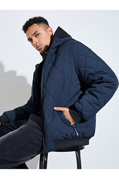 Styli Navy Blue Diagonal Quilted Hooded Puffer Jacket