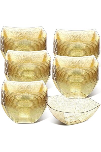 KASTWAVE 50 Pcs Gold Glitter Square Plastic Serving Bowls, Disposable Snack S...