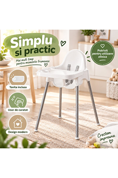 Fabrilux Scaun de Copii 2 in 1 cu Tavita Detasabila, Picioare Inalte, 66 x 58 x 94 cm, Alb