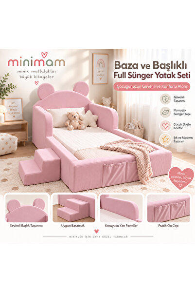 minimam Baza ve Başlıklı Full Sünger Yatak Seti - 70 x 130 cm Pembe