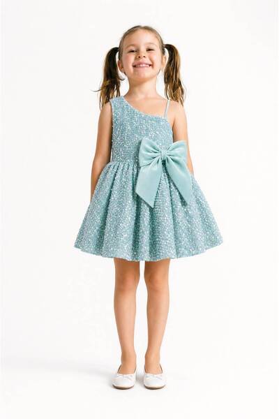 She Dress by Kübra Aksoy Mint Yeşili Pullu Payetli Fiyonklu Tek Omuz Kız Çocu...