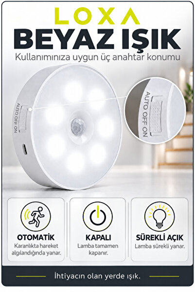 LOXA Hareket Sensörlü Şarjlı LED Gece Lambası, USB Manyetik Dolap Koridor Merdiven Aydınlatma