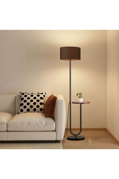 Diason مصباح أرضي مع طاولة جانبية، تصميم خرز حديدي وظل قماشي، إضاءة حديثة بثلاثة ألوان مع رف خشبي صغير لغرفة المعيشة وغرفة النوم