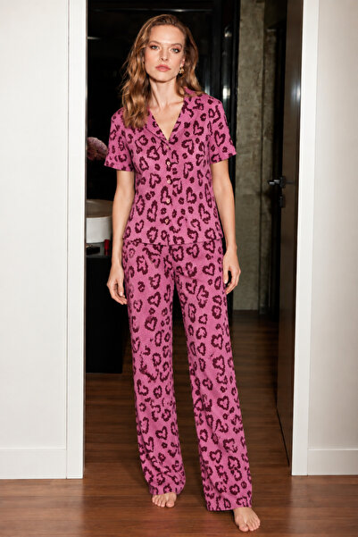 Mindy Women's Checkered Short Sleeve Buttoned Purple Pajama Set