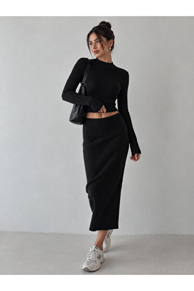 My Blog Black Ribbed Knitwear Skirt Blouse Set - 2Y4434