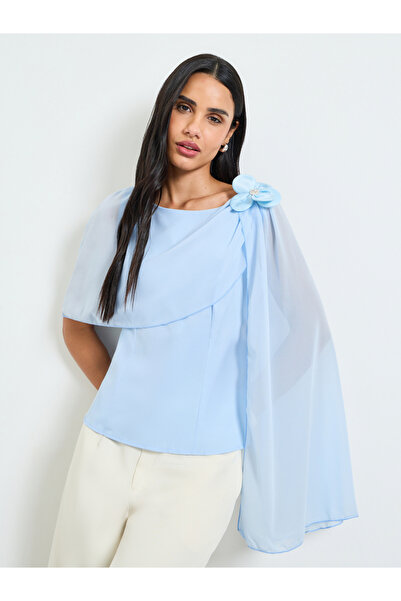 Take Two By Styli Blue Sleeveless Blouse With Chiffon Cape Detail