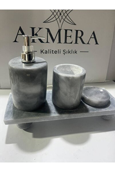 AKMERA Lüks Gri Gerçek Mermer Dikdörtgen Tepsi Banyo Seti