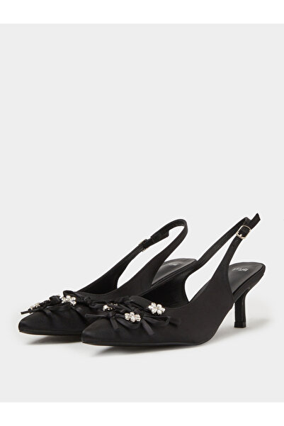 Styli Black Mid Heel Slingback Pumps With Embellished Bow Detail