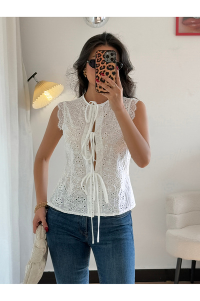 Take Two By Styli White Sleeveless Eyelet Blouse With Tie Details