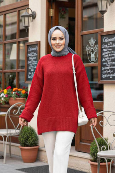 N.S NEVA STYLE Crew Neck Plain Red Hijab Knitwear Sweater Tunic 60271K