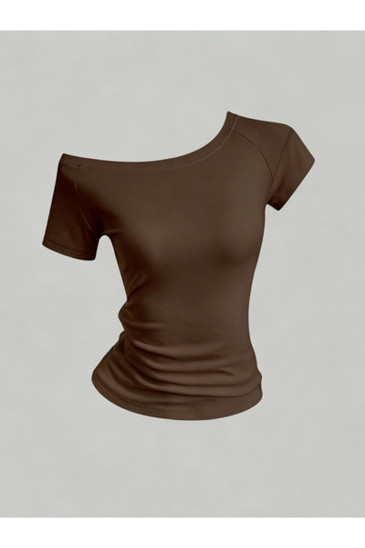 Take Two By Styli Brown Short Sleeve Asymmetrical Neck Top