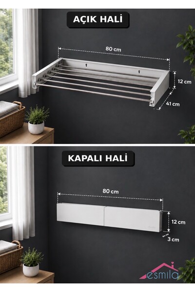 ESMİLA Alüminyum 6 Borulu Akordiyon Katlanır Kurutmalık Çamaşır Kurutma Askısı 80 cm Beyaz