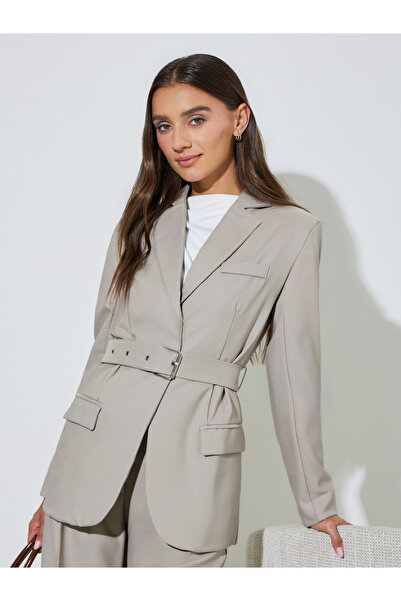 Styli Grey Solid Belted Regular Fit Blazer