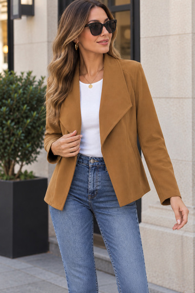 Kokosh moda Modern Yaka Dokunuşu Kadın Uzun Kollu Ceket Yaka Önü Açık Kısa Şı...