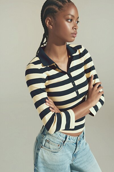 Bershka Fitted striped long sleeve polo shirt