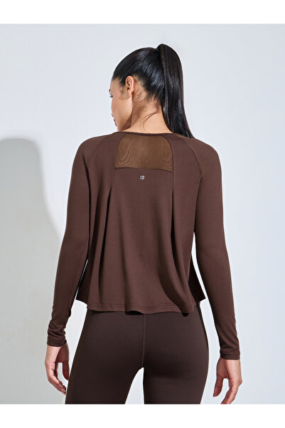 Styli Brown Long Sleeve Active Top With Mesh Neck Detail