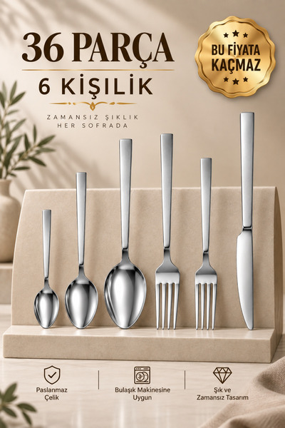 NAZLIM Paslanmaz Çelik Çatal Kaşık Bıçak Takımı – Düz Saplı Modern Sofra Seti...