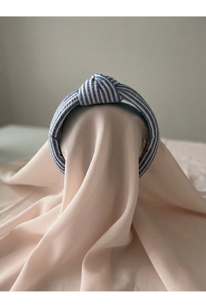 MOJOMIX Handmade Navy Blue White Color Striped Fiber Filled Fabric Crown Buckle with Knot Detail