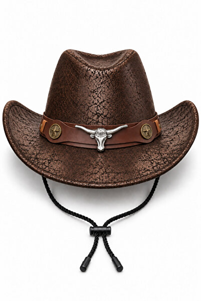 CosmoOutlet Unisex Cowboy Hat Leather Look Metal Bull Figure Drawstring Weste...