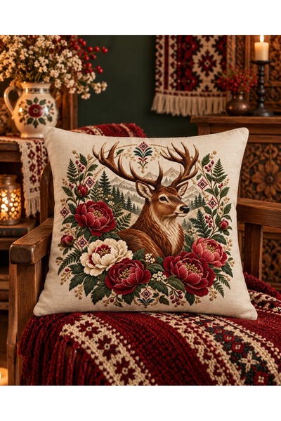 menesahome Romanian Themed Rooster, Deer and Ethnic Motifs Digital Printed Set of 4 Gift Throw Pillow Covers
