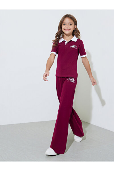 Styli Girls Burgundy Printed Side Striped Polo T-Shirt And Joggers Set