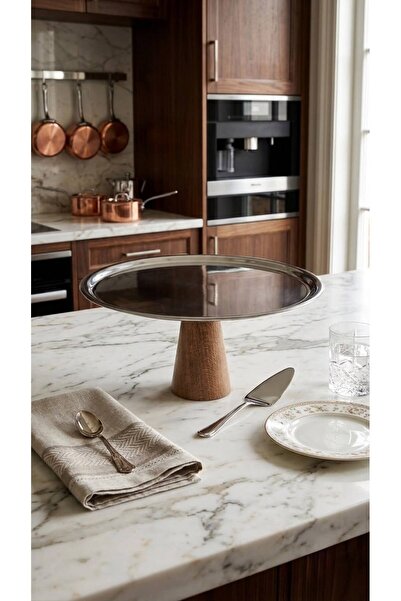 fam wood art Steel Metal Presentation Plate with Wooden Legs, Cake-Pastry Sta...