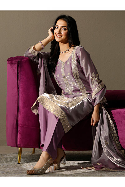 Libas By Styli Printed Organza Straight Kurta, Trousers And Dupatta Set