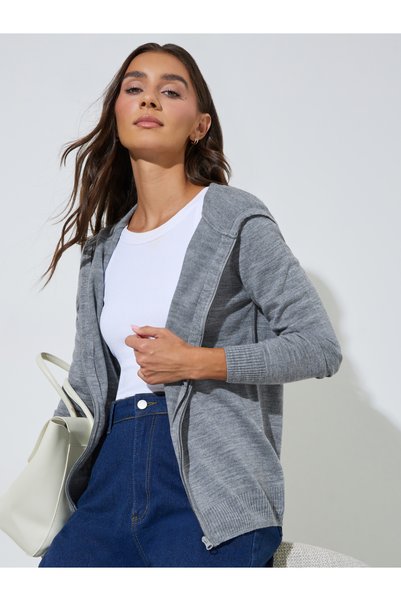 Styli Grey Solid Long Sleeves Zip-Up Regular Fit Hoodie