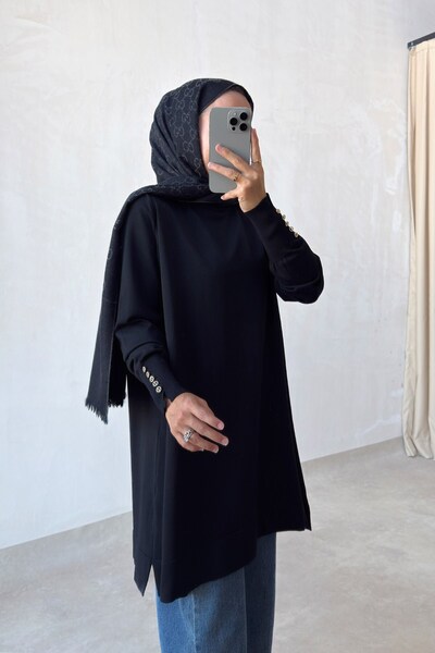 Ka Hijab Manşet Detaylı Merserize Tunik - Siyah