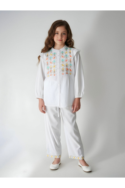 Bella Moda By Styli Cotton Full Sleeves Floral Embroidered Shirt Style Top an...
