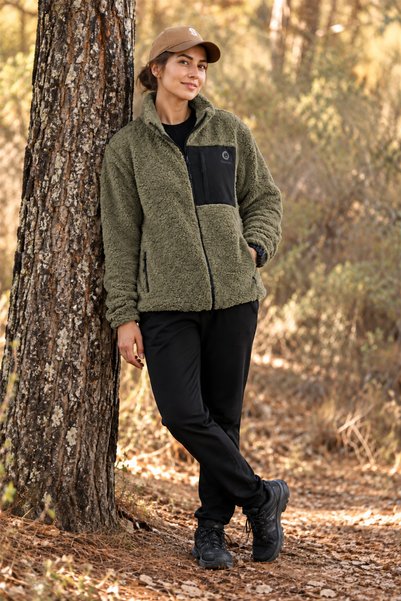 TKT Women's Oversize Zippered 3-Pocket Welsoft Plush Fleece Khaki Jacket