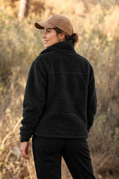 TKT Women's Oversize Zippered 3-Pocket Welsoft Plush Fleece Black Jacket